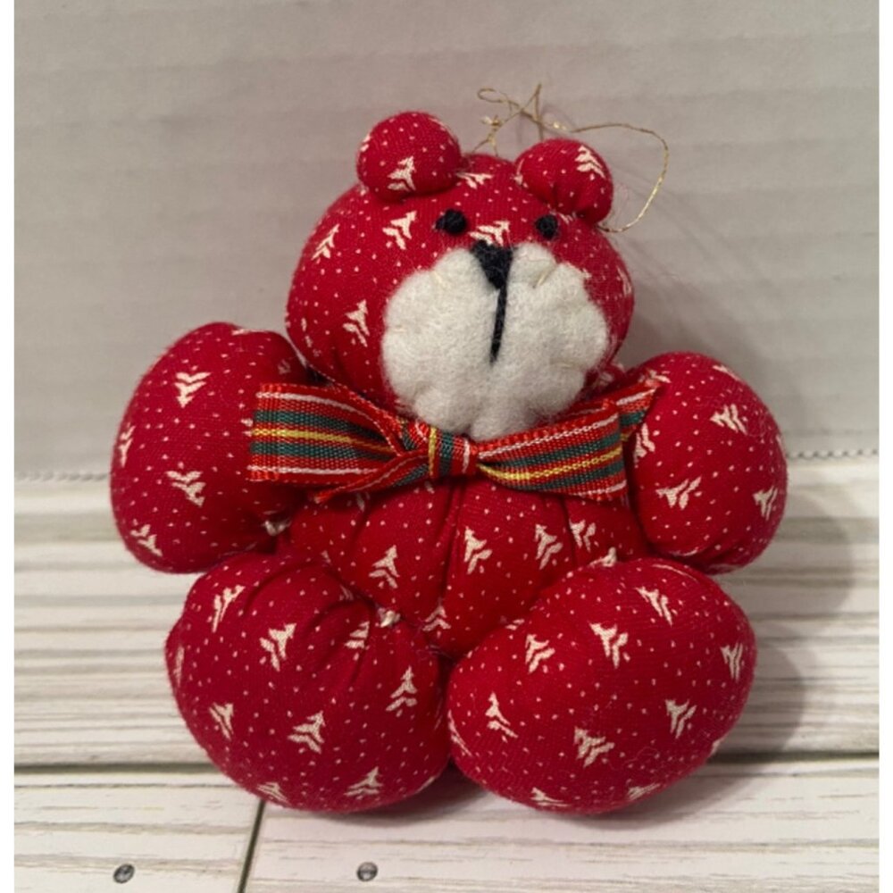 Vintage Chunky Fabric Quilted Bears Ornaments Red Christmas Decor 2.25" - Picture 2 of 8